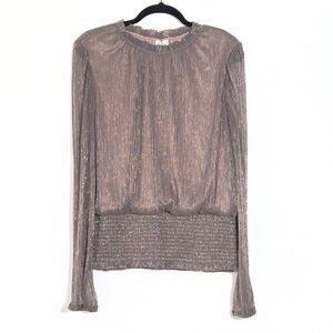 Joie Rose Gold Metallic Sheer Top Womens Sz XL Smocked Waist Long Sleeve
